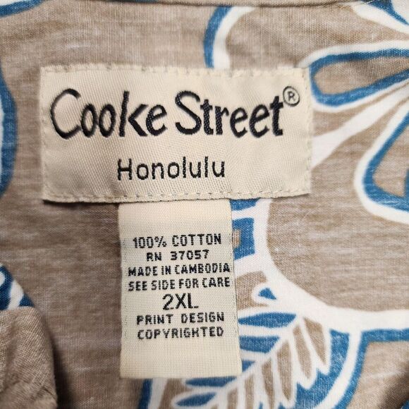 Cooke Street Honolulu Hawaiian Shirt Men 2XL Tan Blue Floral Aloha Button Cotton - Picture 4 of 10